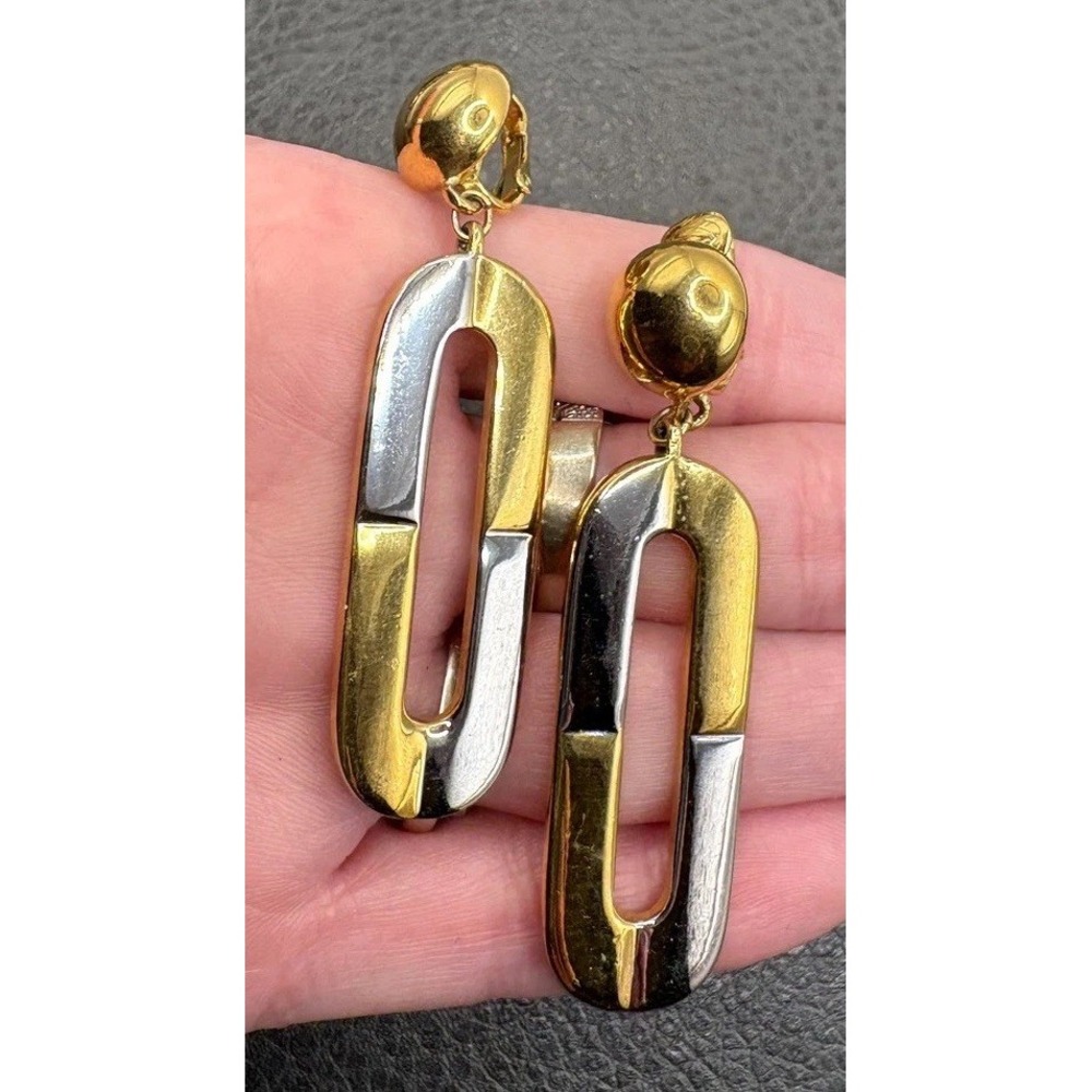 VTG Erwin Pearl Two Tone Silver 80s Runway Clip On Earrings Statement Gold Tone